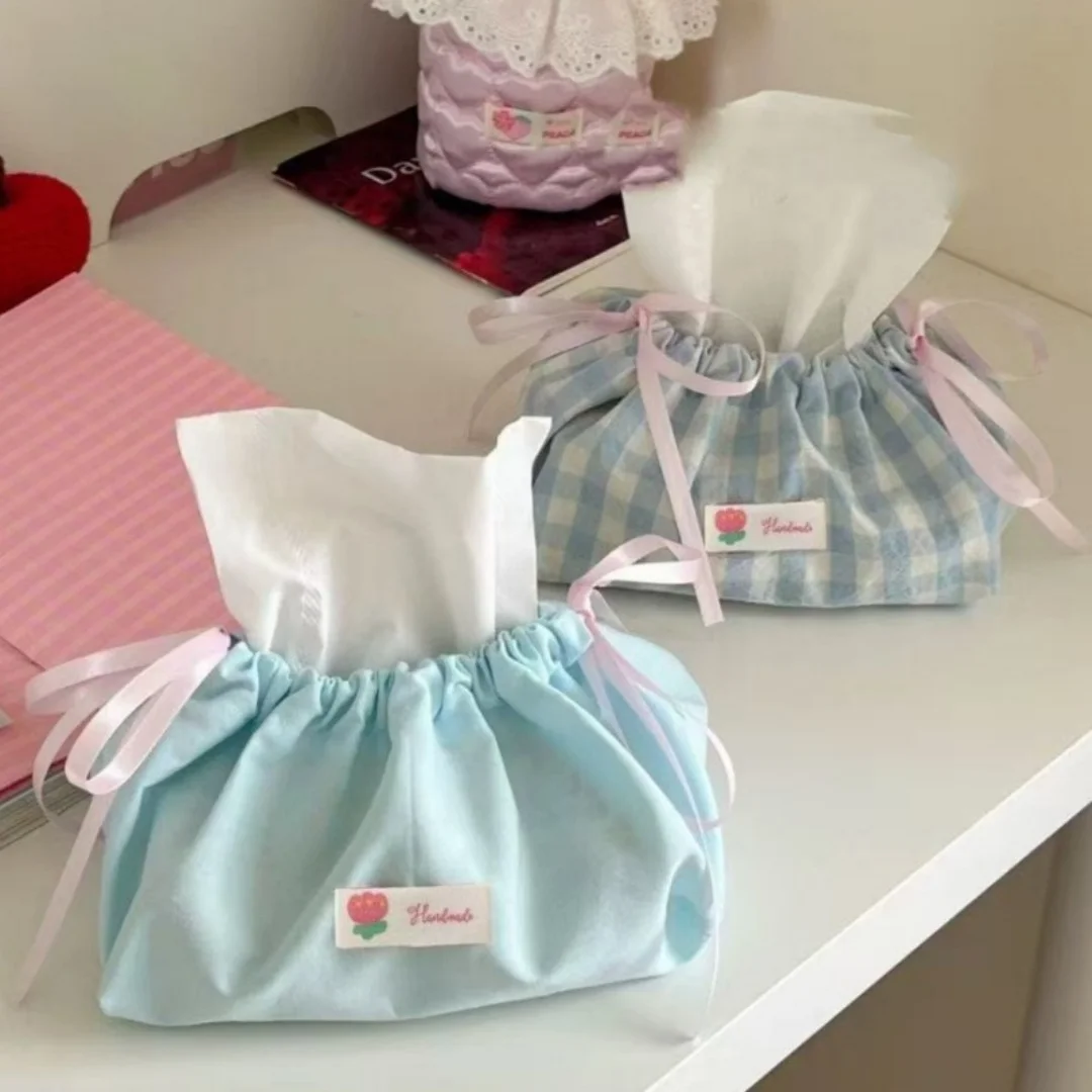 2pcs Blue bow checkered paper bag for household use, single-layer drawstring tissue bag, living room, bedroom, desktop storage