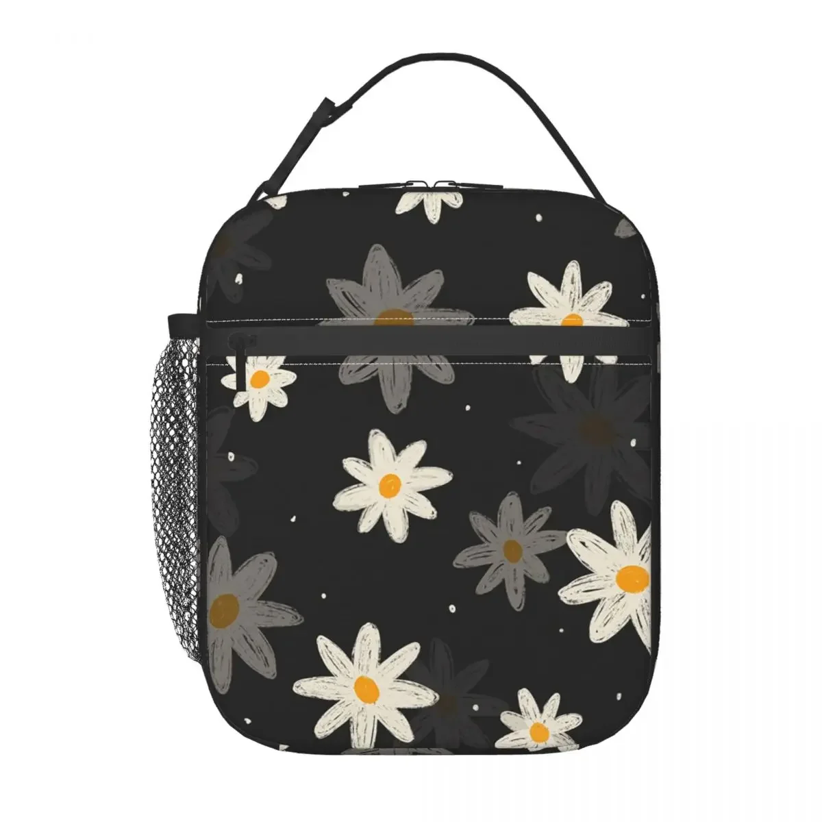 Cartoon Black And White Daisy Pattern Insulated Lunch Bag for Women Children Portable Food Boxes Thermal Lunch Box Tote