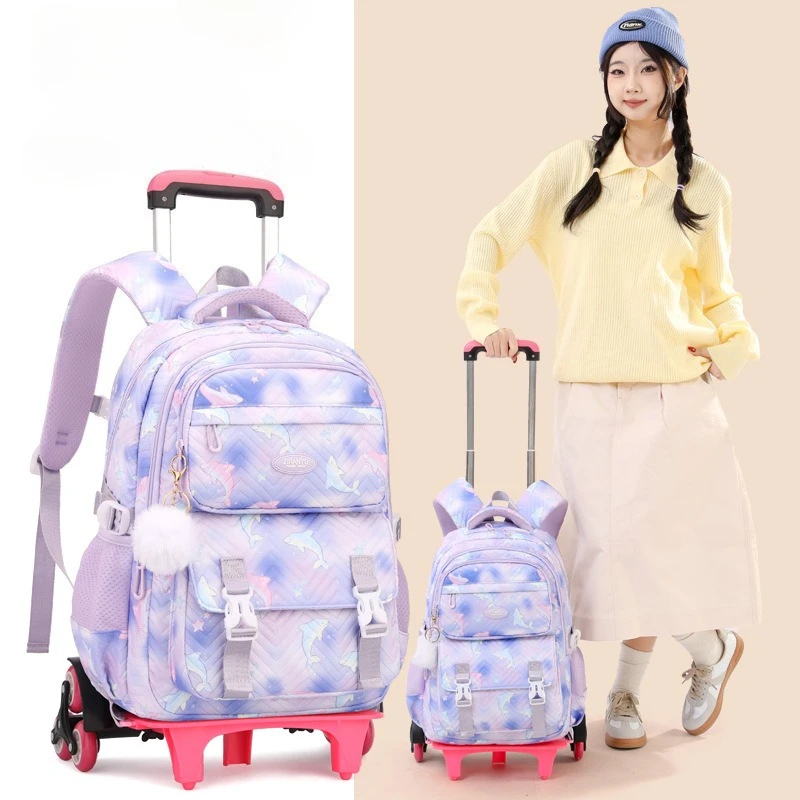 Kids School Backpack with Wheels Rolling Backpack for Girls Student Wheeled Backpack Trolley School Bag Travel Trolley Luggage