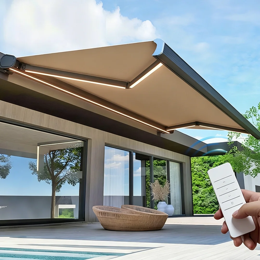 Aluminum Retractable Awning Acrylic Sail Custom Remote Control Full Box Design for Car Villa Shop Patio-Windproof UV Protection