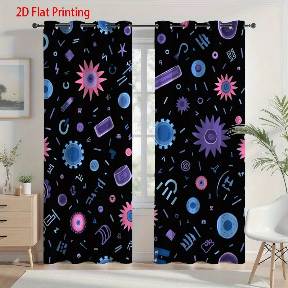 2pcs Modern Curtains - Black Background with Pink, Blue, Purple, Gears, Floral Patterns - Semi-Sheer Window Drapes for Living