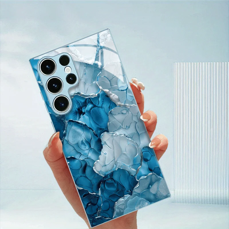 Blue crystal crack pattern glass phone case suitable for Samsung Galaxy S26 S25 S24 S23 S22 S21 S20 FE/Ultra/Plus anti drop