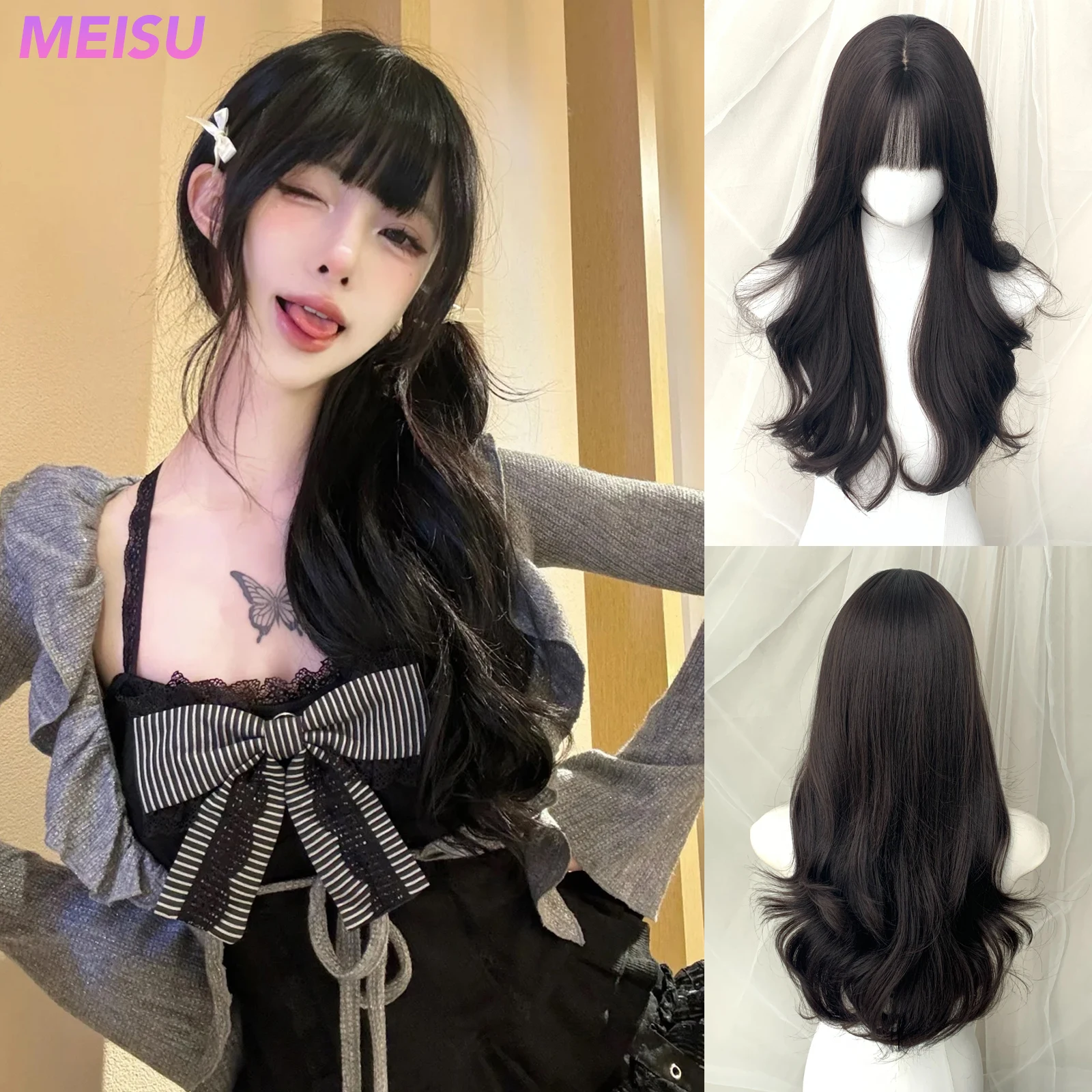 MEISU 26 Inch Long Wave Black Wig Synthetic Fiber Layered Heat-Resistant Natural Smooth Hair For Women Daily Use Cute Bangs Wig