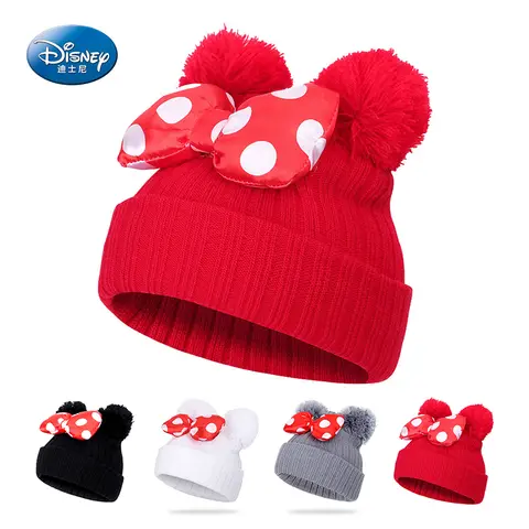 Disney Minnie Mouse Bow Cappello lavorato a maglia per le ragazze dei ragazzi Cappelli invernali per bambini Cartoon Mickey Beanie Cap Berretti per bambini con pompon