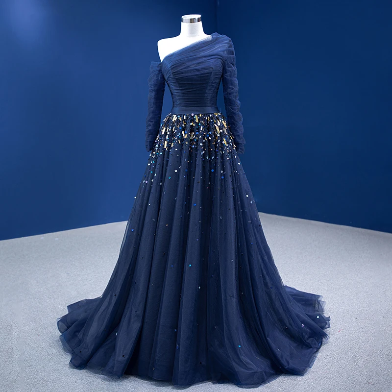 Navy Blue Prom Dresses 2022 Long Sleeve a Line Shiny Tulle Party Dress RSM67556 Robe De Soirée Femme