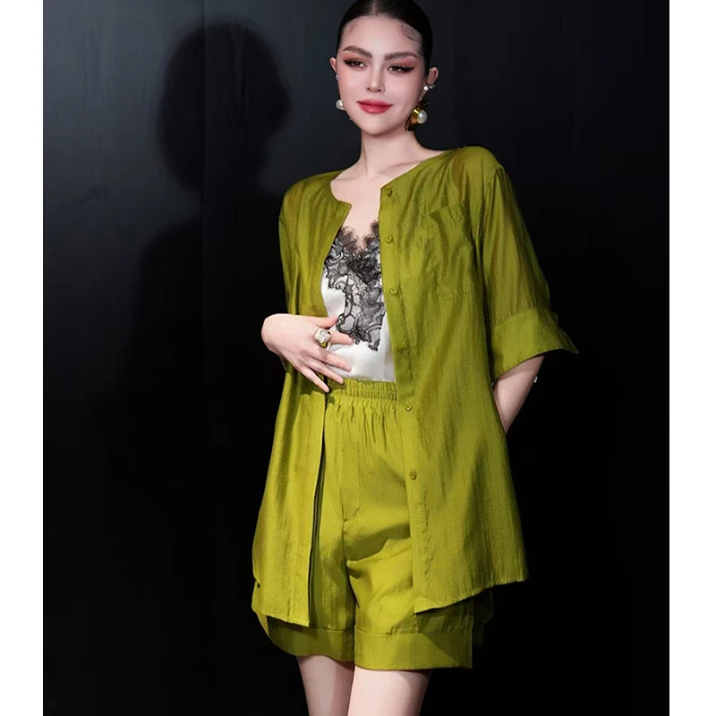

Summer New Three Dimensional Cutting O-Neck Half Sleeve Top+Elastic Waist Shorts + Lace Up Fashion Women's Set S-XL