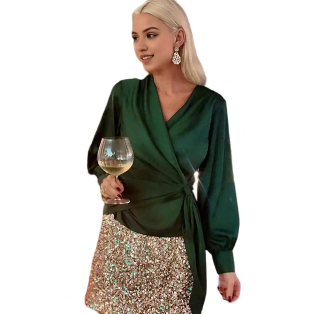 

Commuting Style Blouse Elegant V-neck Lace-up Lantern Sleeve Blouse for Women Solid Color Pullover Top for Work Wear Long Sleeve