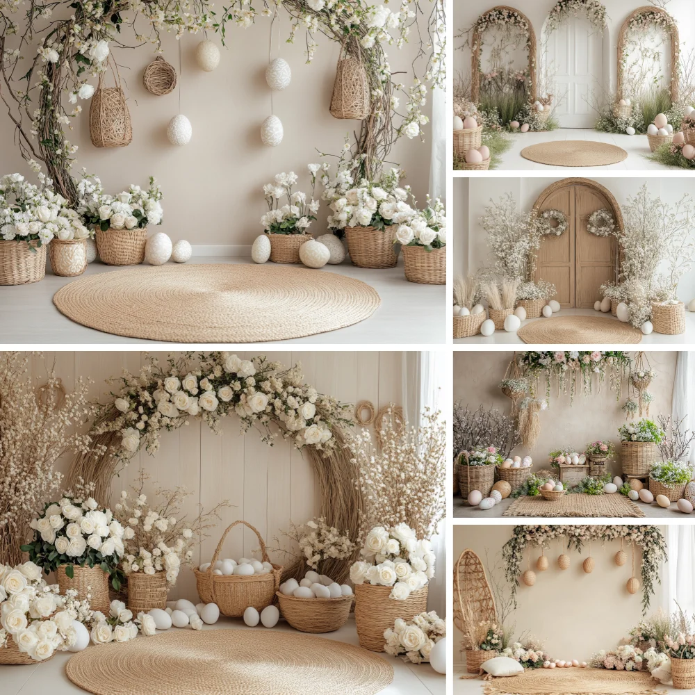 

Photography Background Spring Arches Flowers Easter Colorful Egg Plant Bunny Garden Backdrop Boho Holiday Party Photo Booth Prop