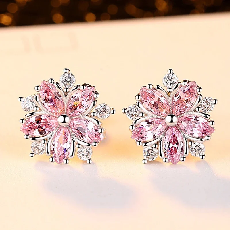 2022 New Fashion Women Classic Shining Silve CZ Stud Earrings for Wome Pink Ears Stud Crystal Valentine\'s Day Gift Jewelry