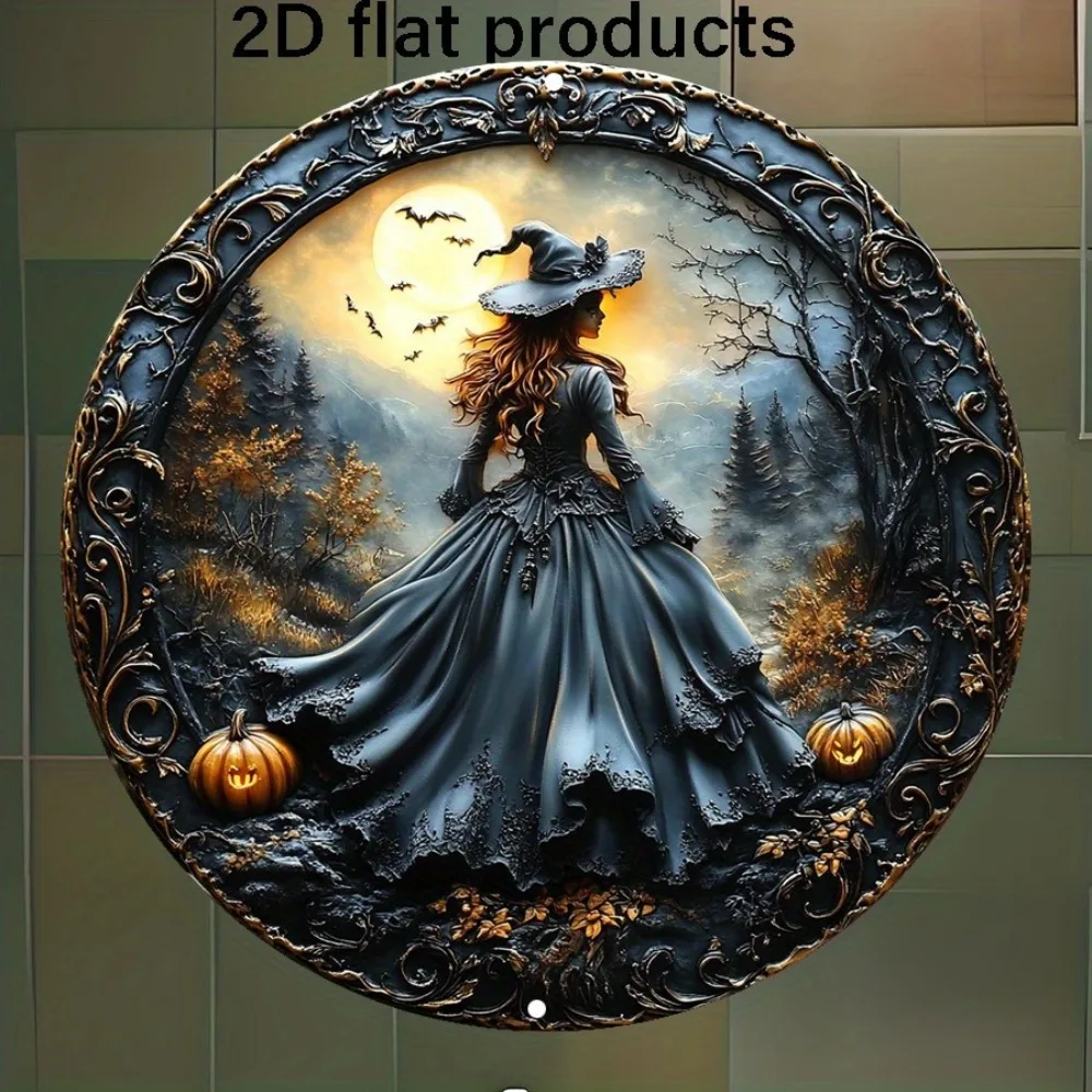 

Vintage Witch and Bats Wall Art, Round Aluminum Sign, Gothic Halloween Decor with Full Moon, Intricate Ornate Design, Home Decor