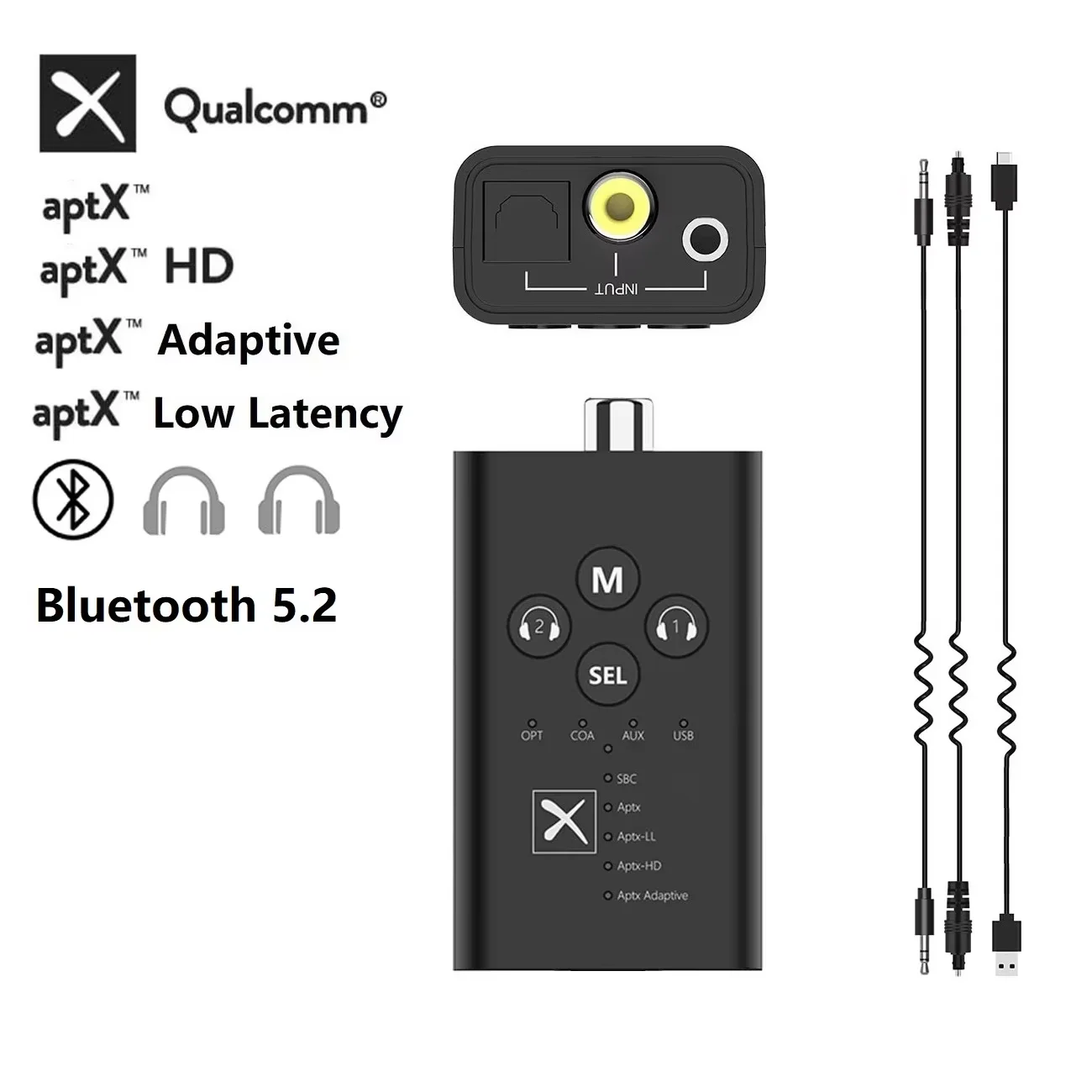 Eppfun Bluetooth 5.2 Qualcomm aptX-Adaptive HD Transmitter with 3.5mm AUX/RCA/COAXIAL/SPDIF Optical, SBC / aptX / aptX-LL