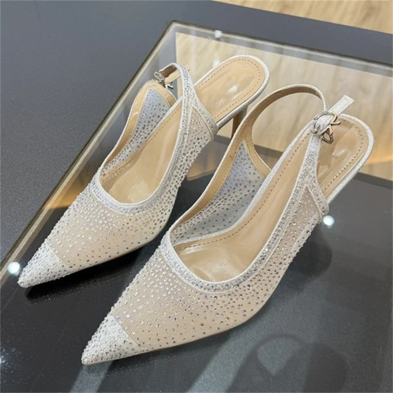 

Модные босоножки Aneikeh с ремешком на пряжке, женские туфли-лодочки с кристаллами, дышащая сетка, заостренный носок, тонкий высокий каблук, для банкетов