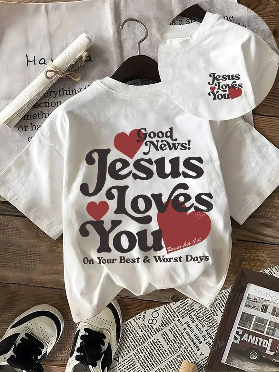 

Plus - Size Religious Gospel Parent - Child Tees, White Short - Sleeve with “Jesus Loves You” Print