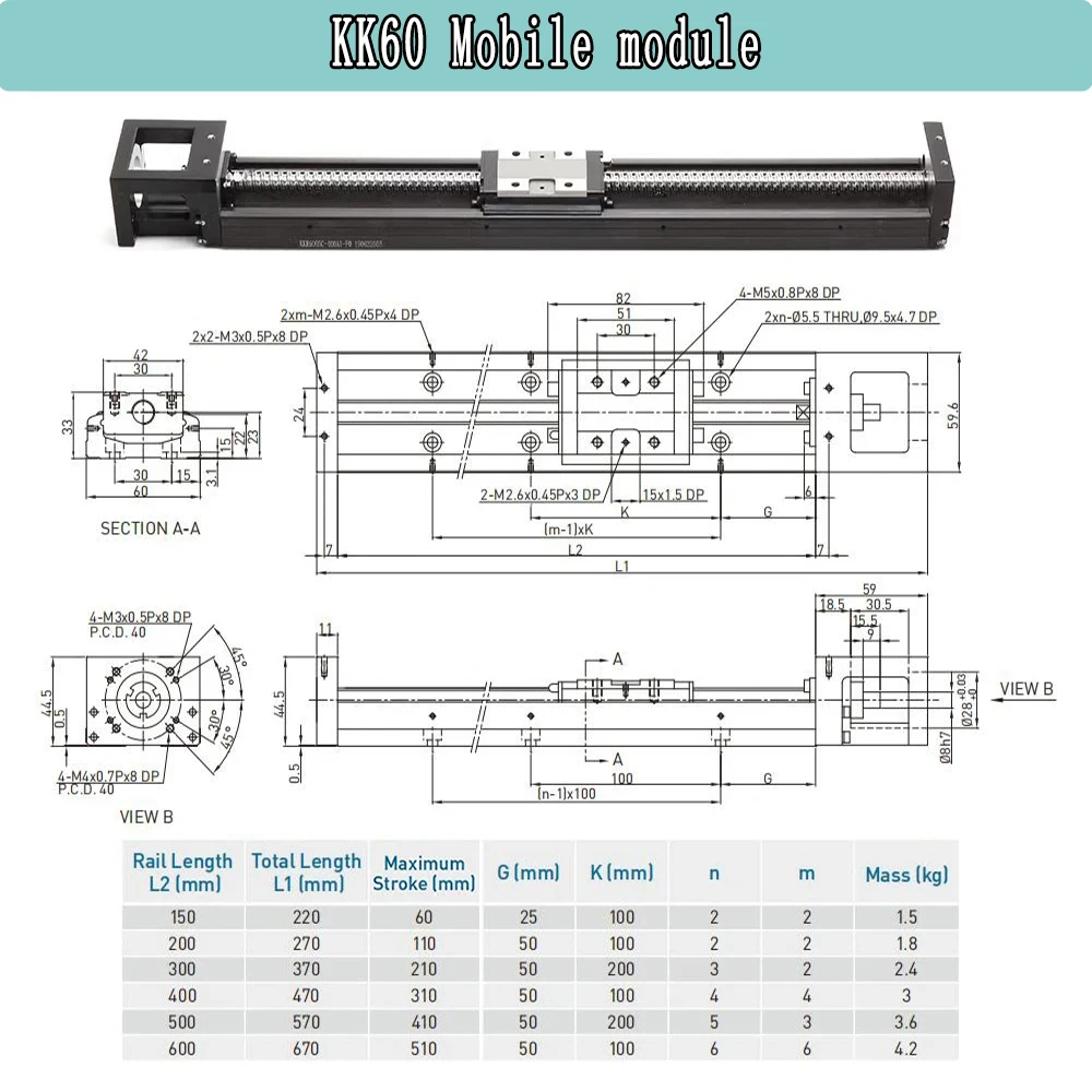 Imagem -02 - Módulo Movente Linear da Elevada Precisão Tabela Deslizante do Parafuso da Esfera Guia Industrial do Robô Repetibilidade ± 0.01 do Curso Kk60 60 Mm510 mm