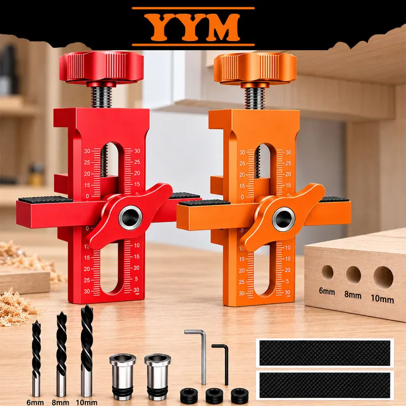 YYM 2‑in‑1 Cabinet Door Installation Jig Kit With 6/8/10mm Drill Bits Rebounder Punch Locator Woodworking Cabinet Panel Mounting