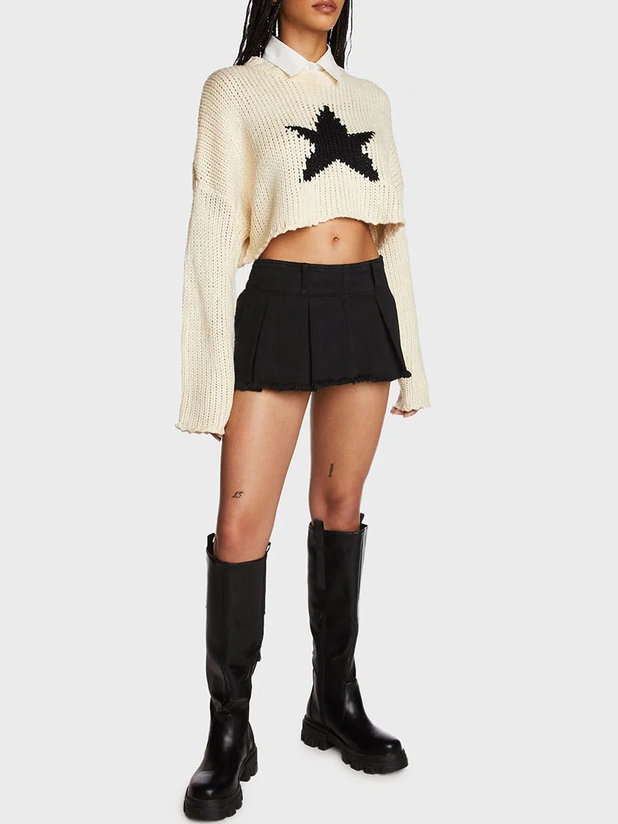 Suéter recortado Vintage para mujer, patrón de estrellas Grunge, manga larga, cuello redondo, Jersey de punto, Tops Retro de ganchillo