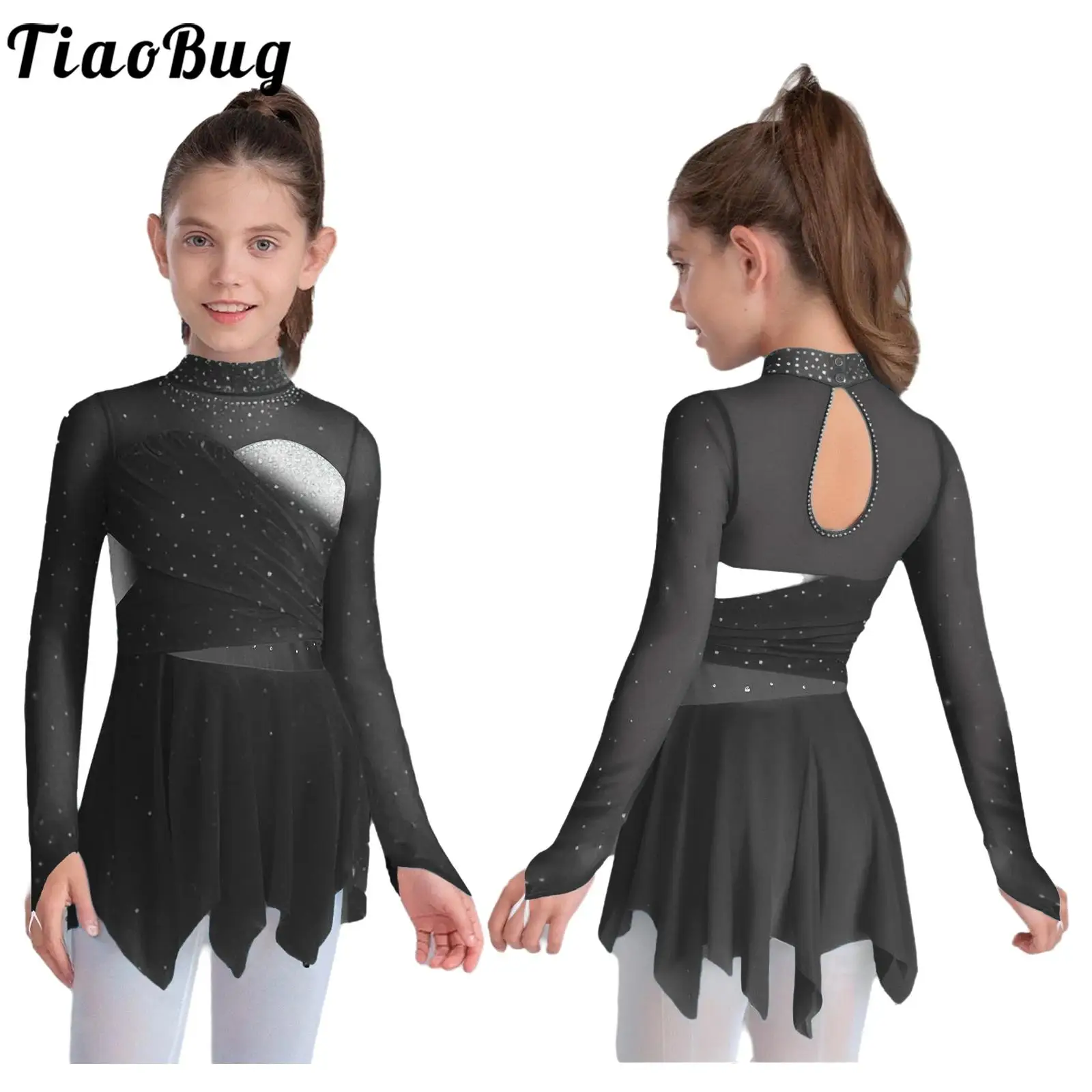 

Kids Girls Sequins Figure Skating Gymnastics Performance Leotards Dress Rhythmic Rhinestones Mesh Ballet Ballroom Dancewear