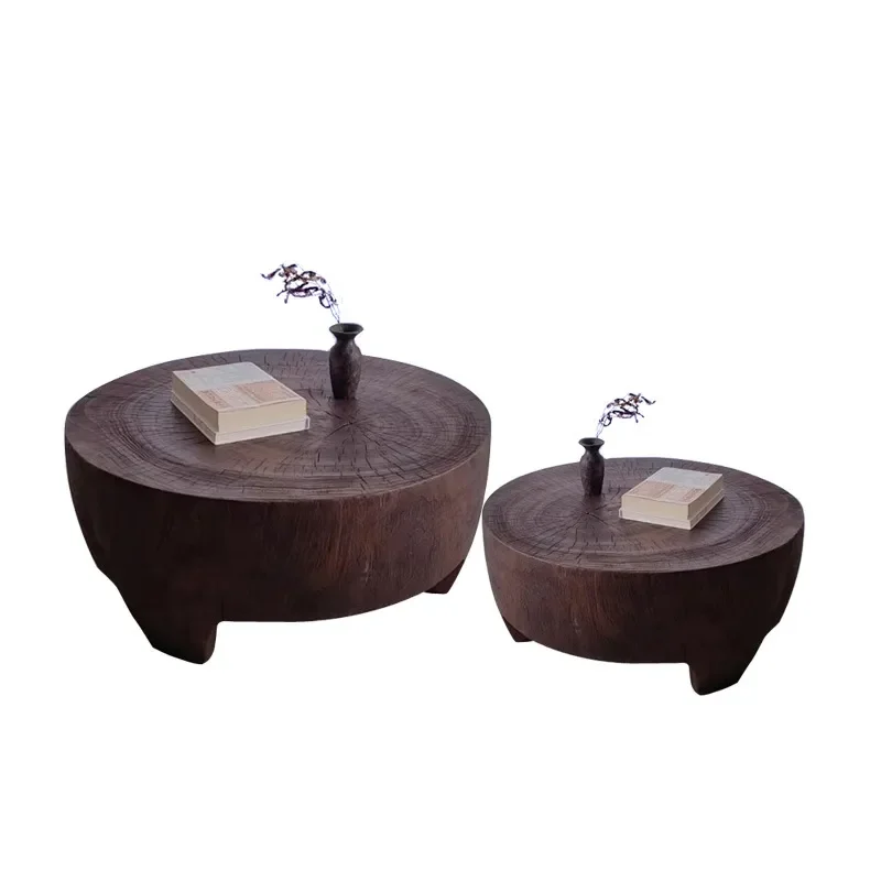 Nordic Round Solid Wood Coffee Table Retro Log Stump Side Table Natural Root Carving Living Room Hotel Furniture