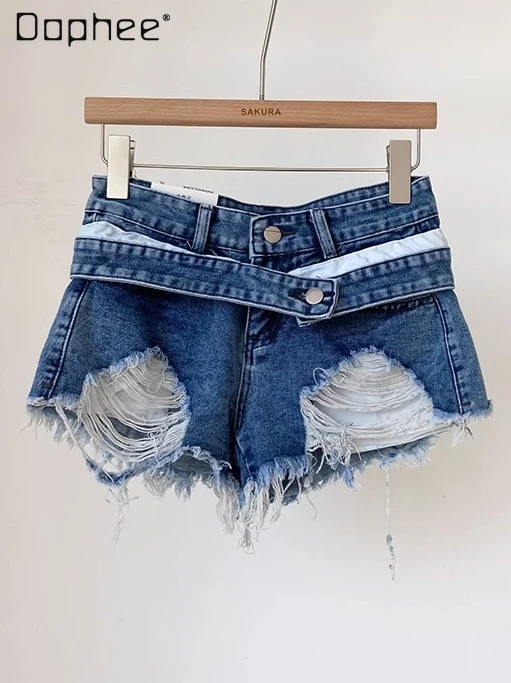 

2025 Summer New American Spice Girl Retro Ripped Washed Rough Edge Denim Shorts Street High Waist Slim Y2K Shorts for Women
