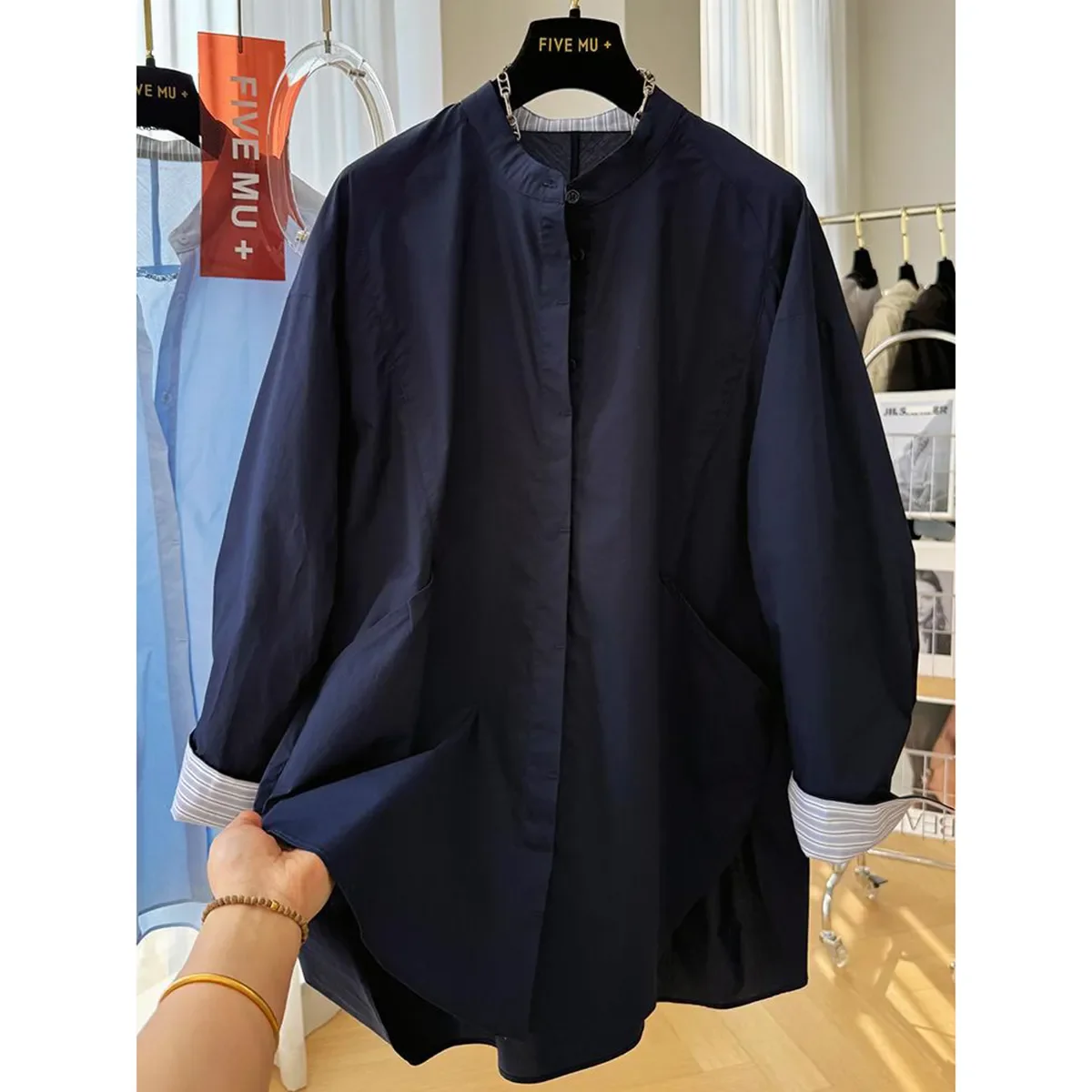

Korean Stand-up Collar Mid-length Long-sleeved Shirt for Women in Spring Autumn Super Beautiful Unique Temperament