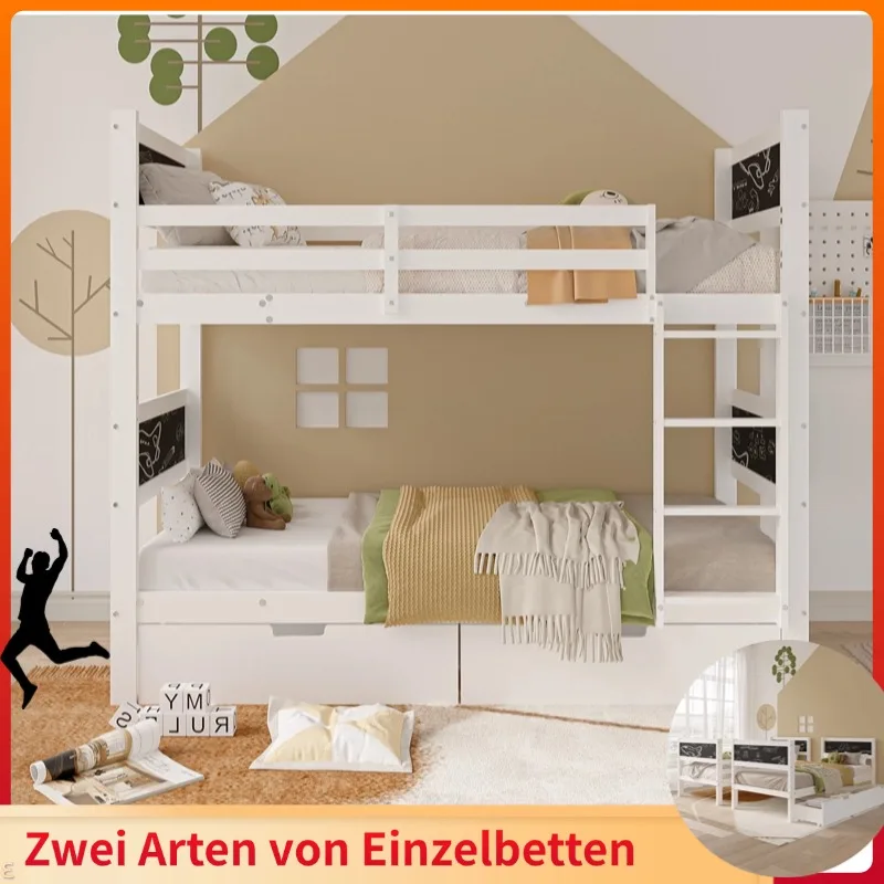 90 x 200 cm Bunk bed for children, children's bed with ladder and fall protection, teenager's bed, storage space