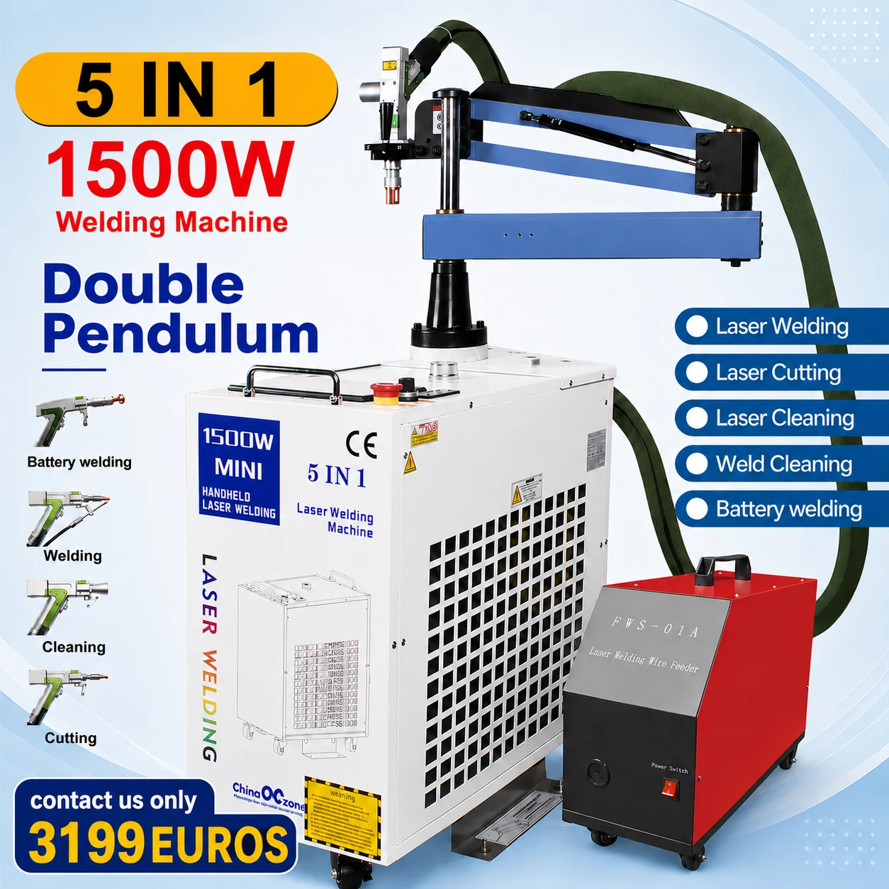 5-in-1 Laser-Schweißgerät 1500W, 5-in-1 Akku-Schweißgerät, Punktschweißmaschine, Schweißen, Reinigen, Schneiden, Rostentfernung, Akku-Schweißen, Doppelpendel-Reinigung