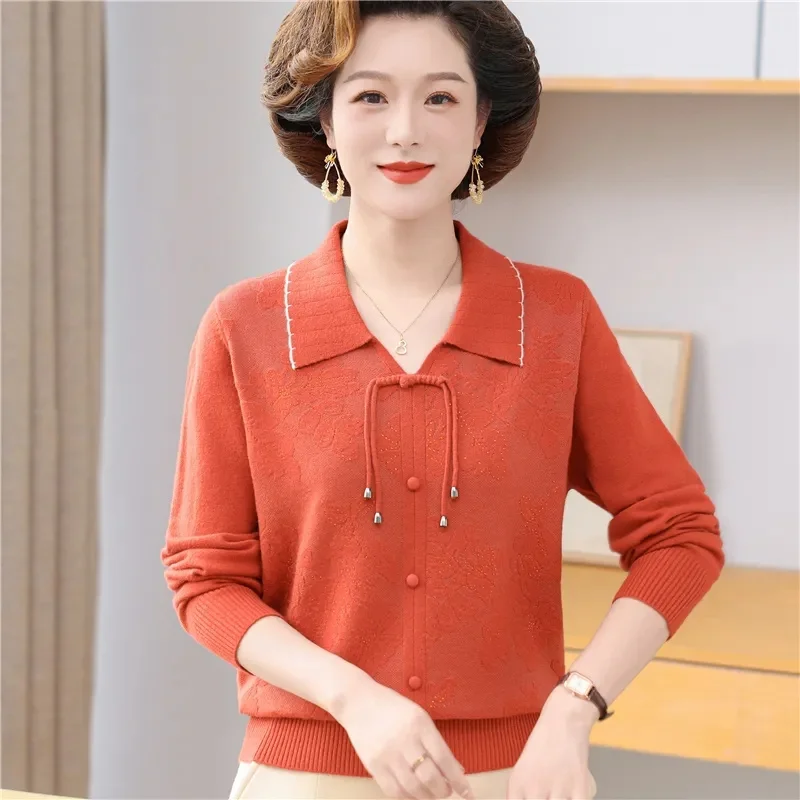 New Middle-aged Mother Lapel Sweater Women's Pullover Autumn New  Casual Bottoming Shirt Sweater Knitwear Woman Jumper Tops