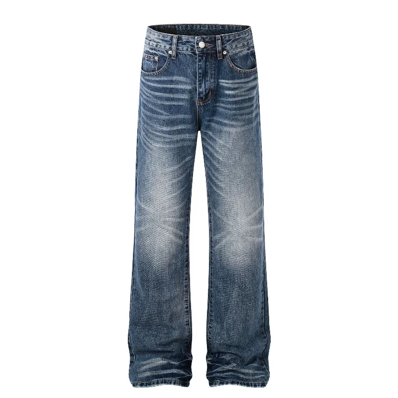 Men Vintage Cat Whisker Washed Flare Straight Leg Jeans High Waist Distressed Faded Loose Wide Leg Y2K Streetwear Denim Trousers