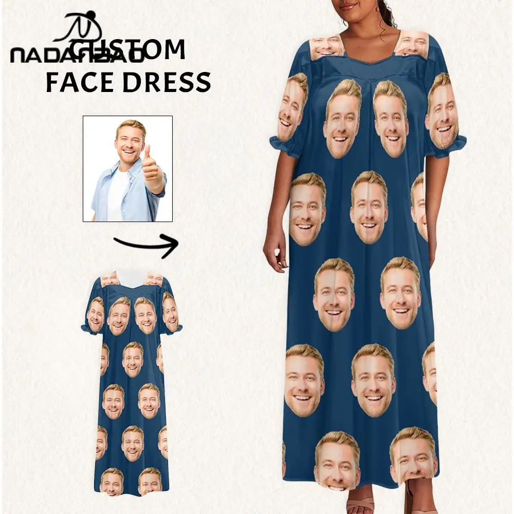 

Personalized Photo Printed Puff Sleeve Dress Customizable Your Own Picture Short Sleeved Long Dresses Homewear Casual Sleepwear