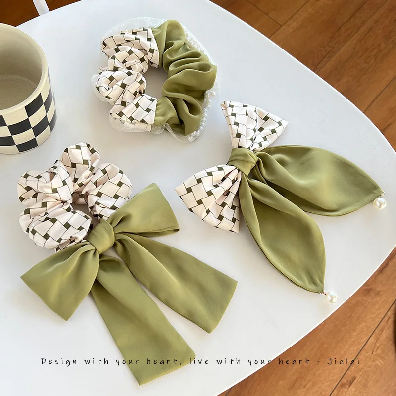 1pc Temperament Hair Ring Ties Summer Fashion Scrunchie Green High Grade Bow Knot Hairpin Rubber Band Headrope Set Wholesale image 6