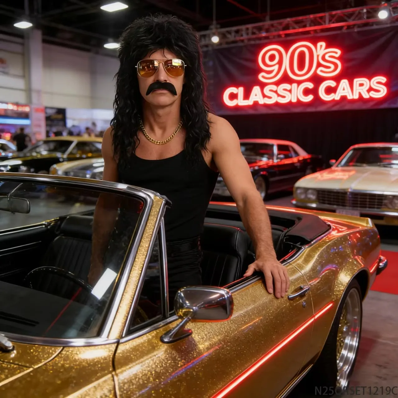 PESENAR 90s Retro Rock & Hip Hop Costume Set Long Wig Mustache Sunglasses Gold Chain Party Accessory