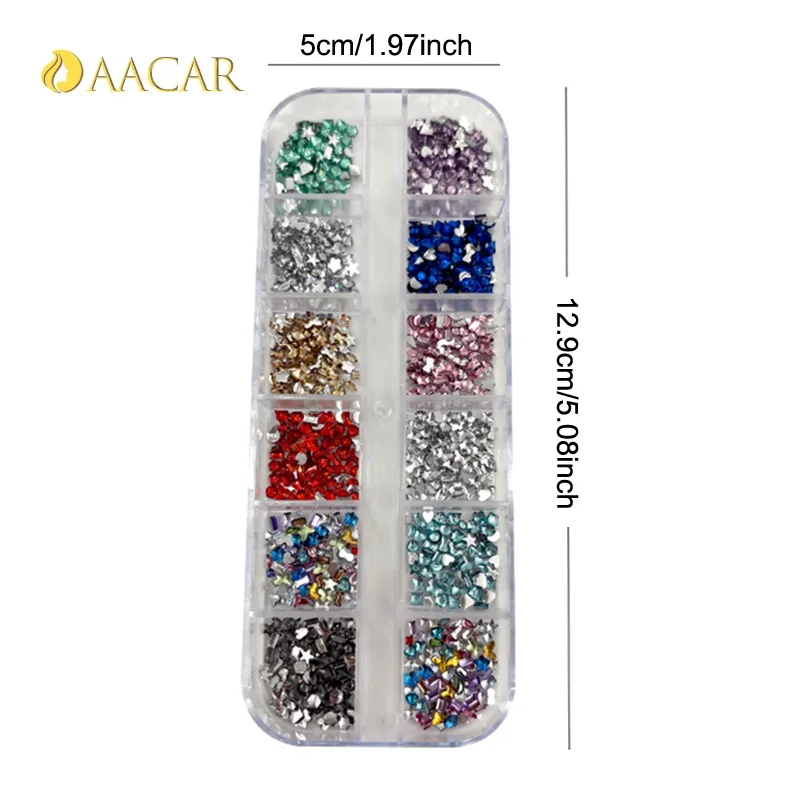 12칸 믹스 3D 플랫백 네일 라인스톤 미니 크리스탈 네일 아트 글리터 참 DIY 매니큐어 장식 액세서리
