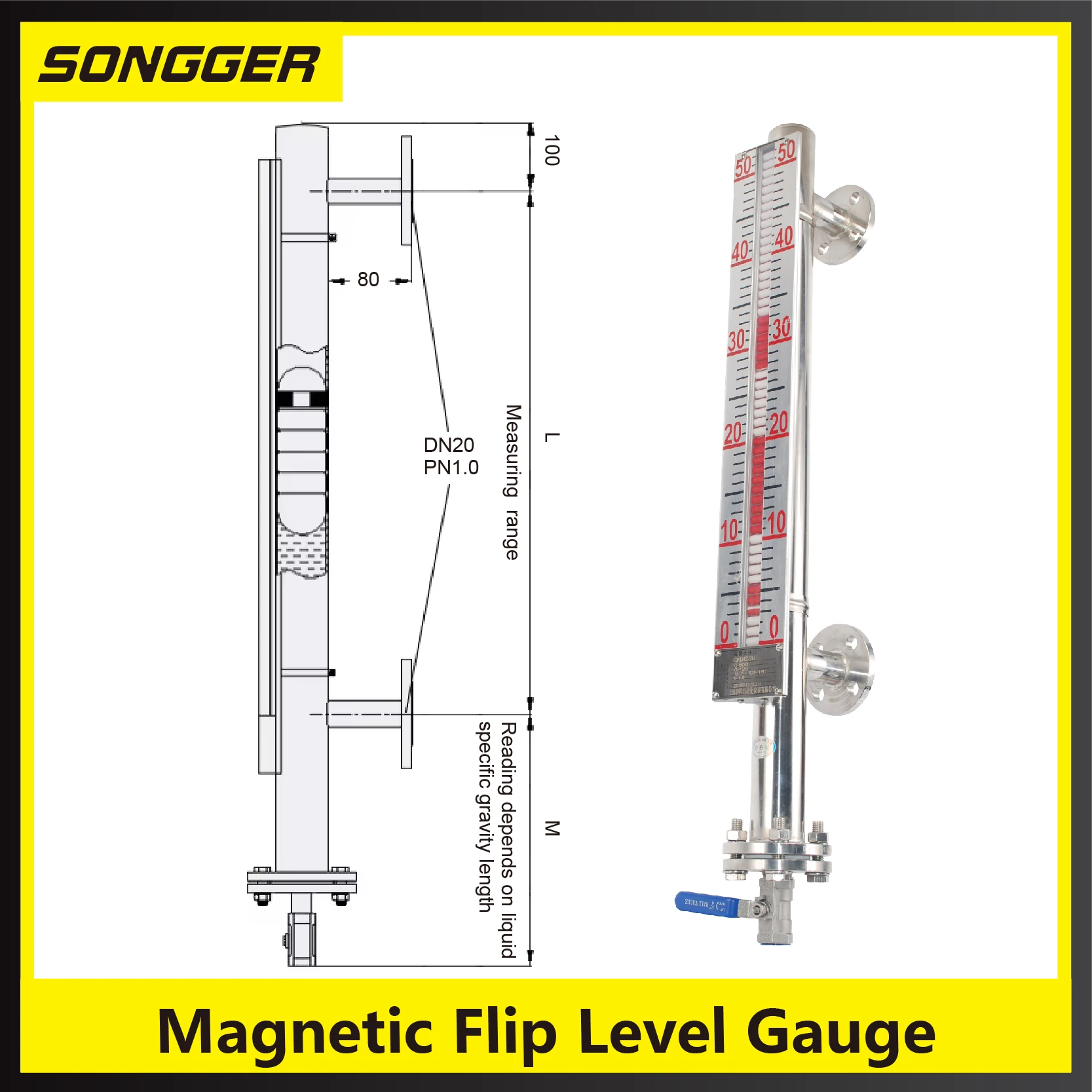 4-20mA Stainless Steel Side Mounted Transmitter UHZ-517 Magnetic Flip Level Gauge Magnetic Float Level Indicator