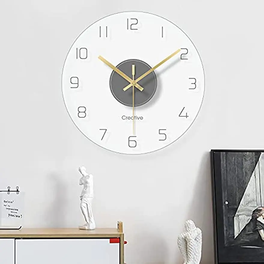 

30CM Round Ultra-Thin Tempered Glass Wall Clock, Creative Modern Quartz Wall-Mounted Clock