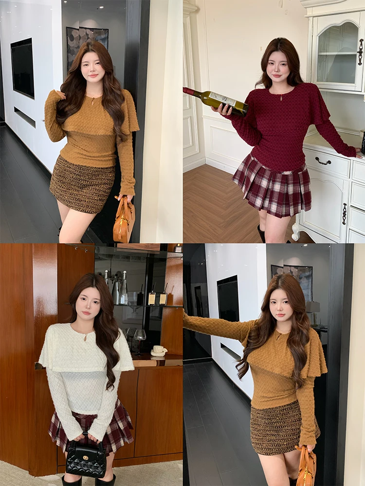 

Корейский вязаный свитер из флиса для женщин, облегающий, для ношения под одеждой, больших размеров, осенне-зимний, с длинным рукавом, круглым вырезом, топ