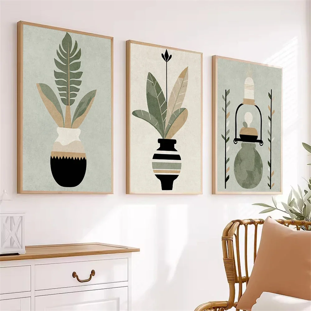 

Abstract Minimalist Boho Vase Plant Poster Green Botanical Illustration Wall Art Print Canvas Painting Picture Living Room Decor