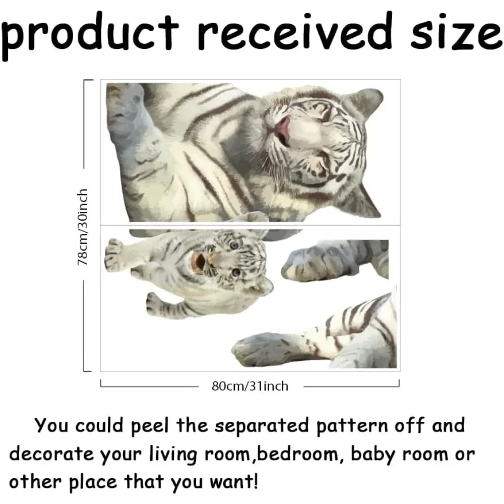 White Tiger Wall Sticker Realistic 3D Tiger Wall Decals Jungle Animal Decor for Living Room Porch Pet Lover Living Room Bedroom