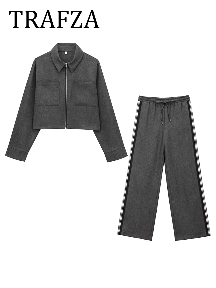 

TRAFZA Women Grey Wide Leg Pant Sets Side Stripe Turndown Collar Zipper Jacket High Waisted Loose Long Pant Casual 2 Pieces Suit