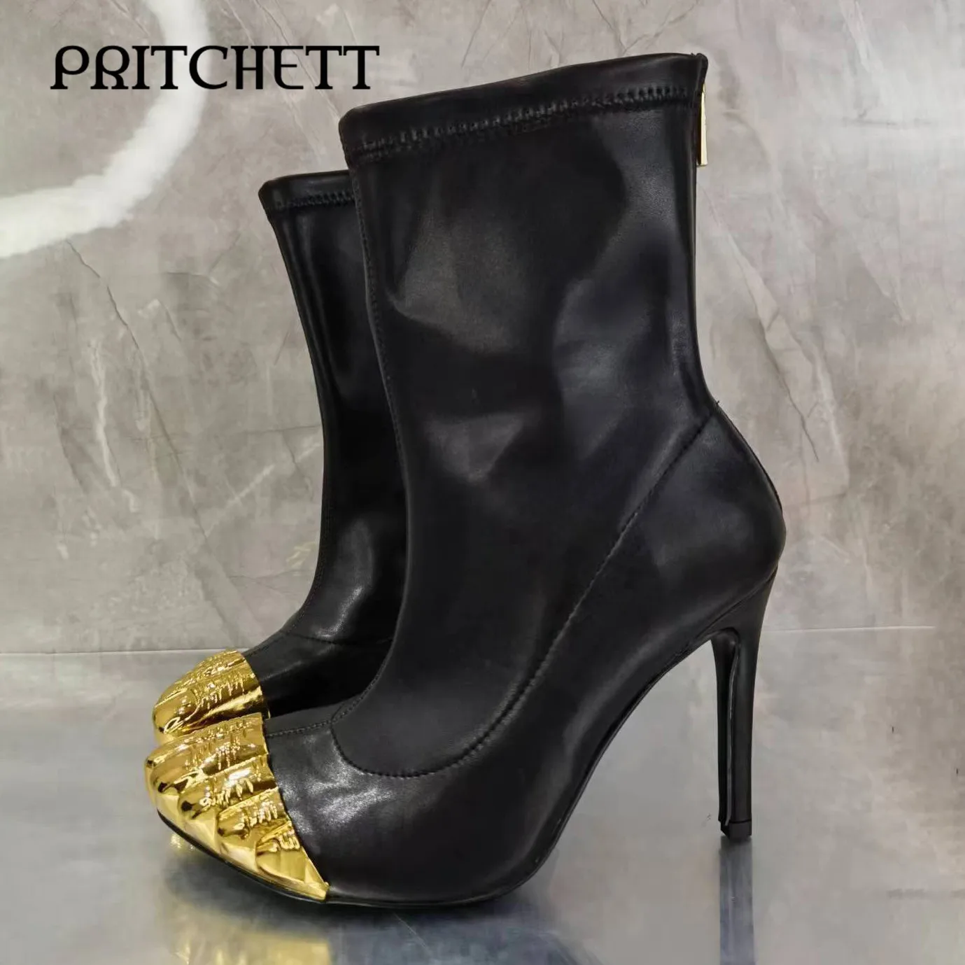 

Gold Five-Finger Fashion Boots Stiletto Heels Elastic Black Leather Short Boots Casual Personality Trendy Women's Shoes