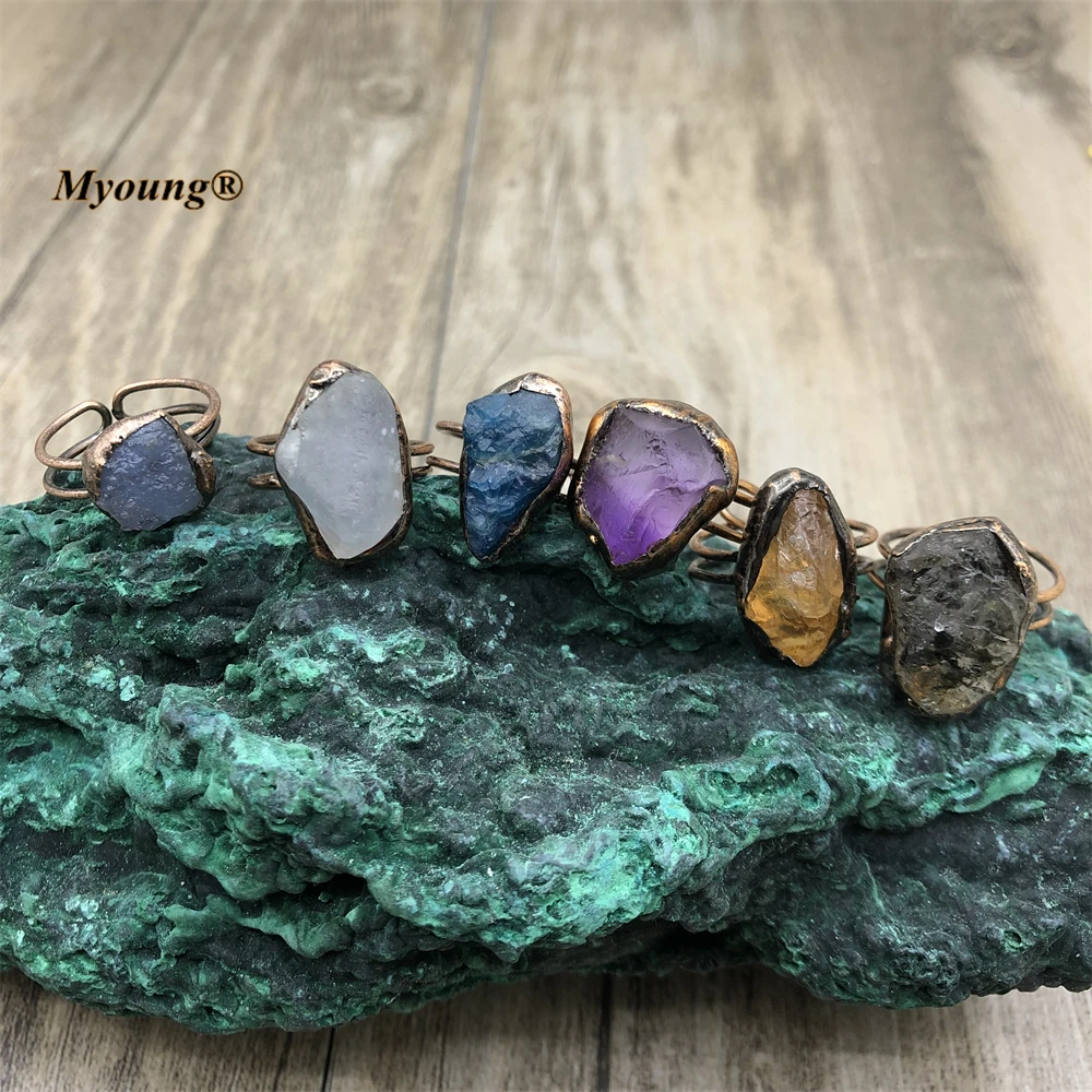 10PCS Soldering Raw Irregular Natural Crystal Quartz Aquamarines Citrines Stone Vintage Ring For Women Boho Jewelry MY220819