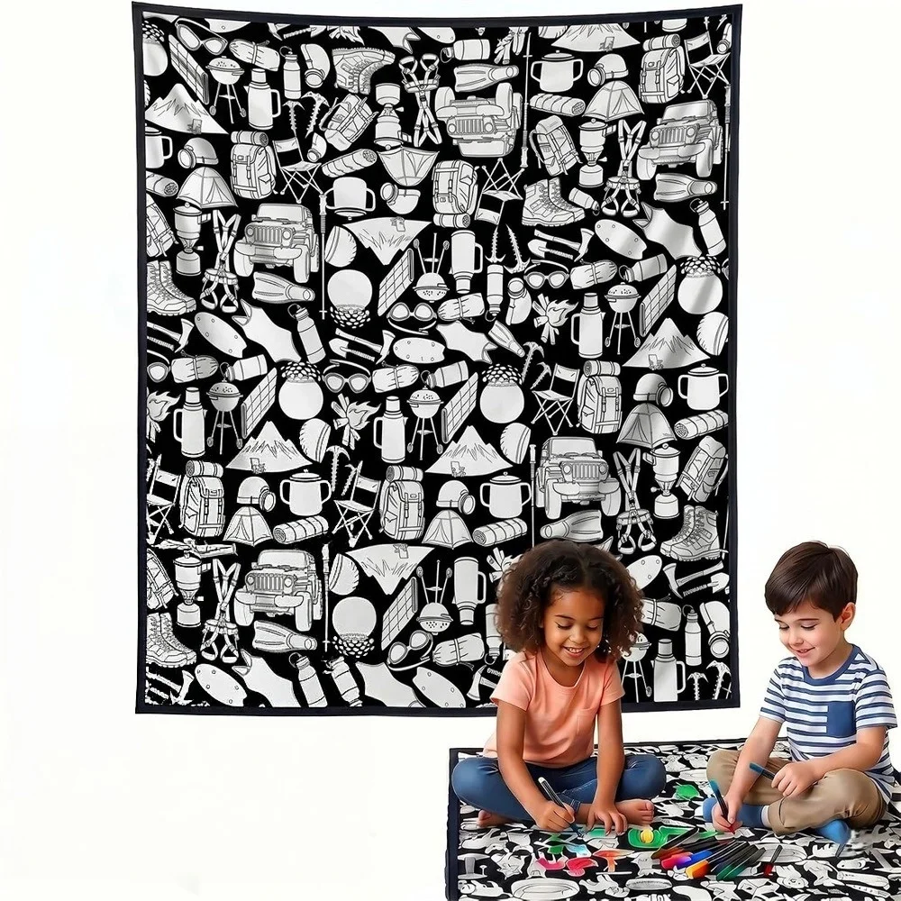 DIY Graffiti Blanket Monochrome Hand Drawn Woodland Animal Decor Soft Warm Coloring Throw Blanket