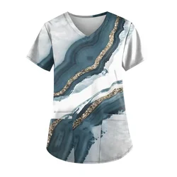 Women's Gradient 3D Printing T-Shirt, Short Sleeve, V Neck Nurse Working Uniform, Casual Breathable, Surgical Gown