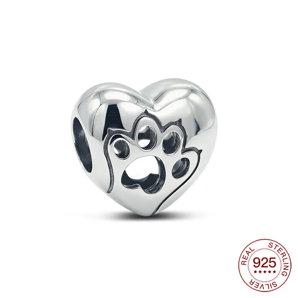 925 Sterling Silver Heart & Paw Print Charm Cut-Out Pet Design Bead Fit Original Charm Bracelet Pet Lover Jewelry Gift For Women