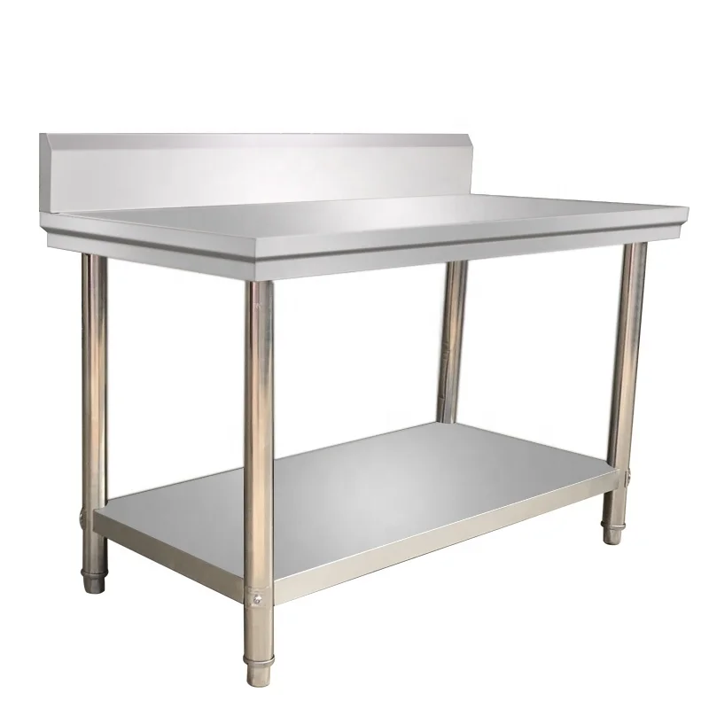 Food Grade 304 Stainless Steel Work Table 2-Tier with Back Splash Round Legs Heavy Duty Commercial Worktable