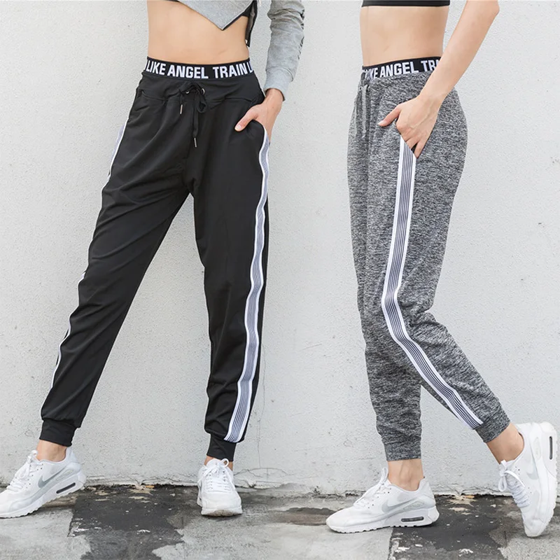 Women Drawstring Running Pants Sport Joggers Quick Dry Athletic Gym Fitness Sweatpants Straight Leg With Two Side Pockets Feet