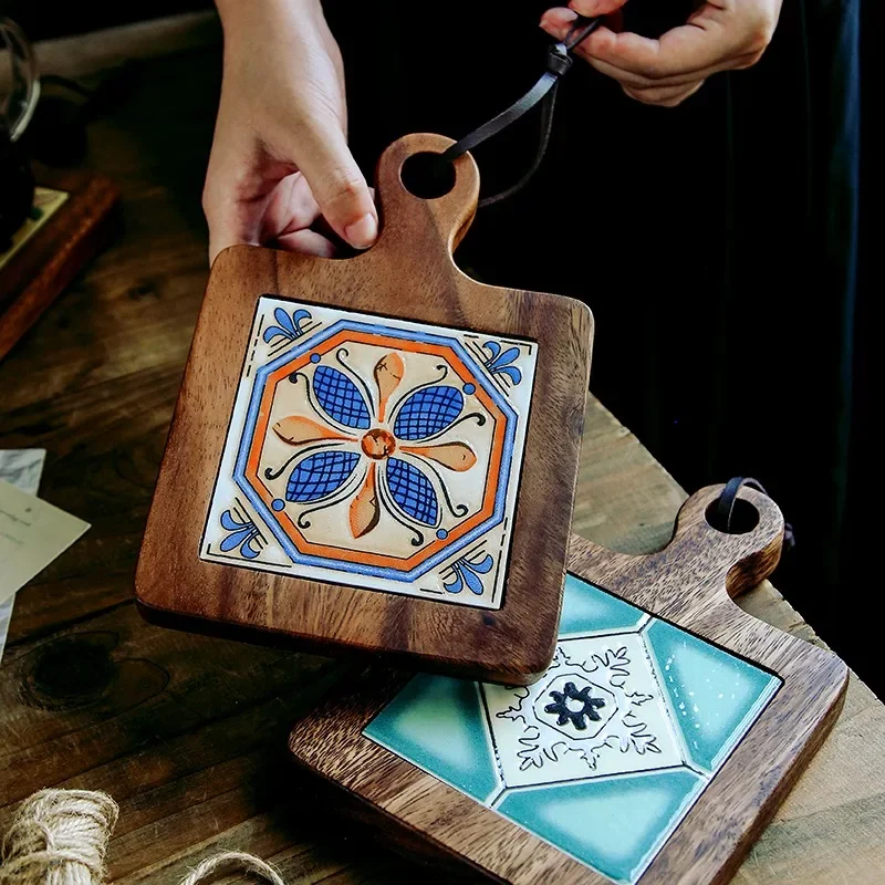 【Premium】LDNordic INS Retro Acacia Wood Tile Trivet - Heat-Resistant Table Mat with Handle, Pot Pad & Anti-Scald Dining Mat