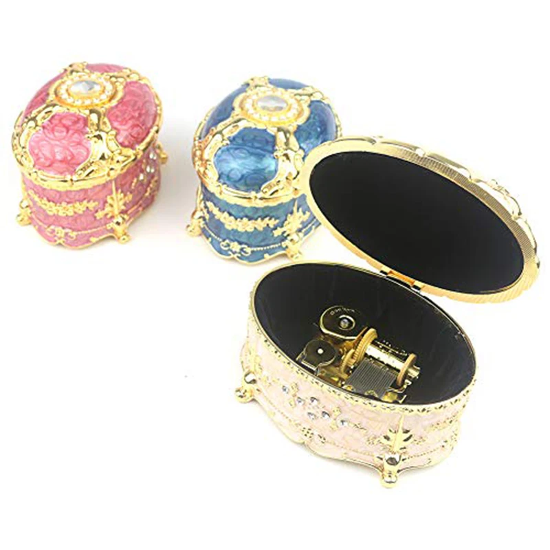 ROSIKING Oval Emboss Alloy Metal Music Box Wind Up Antique Jewelry Musical Boxes Christmas Birthday Valentine's Day Gifts