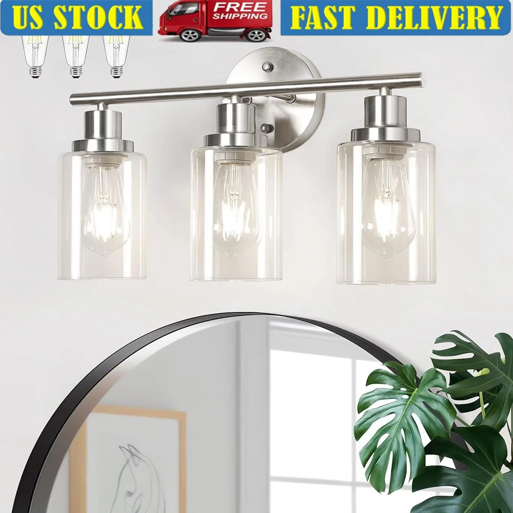 3-Light Bathroom Vanity Light Fixtures with Glass Shade E26 Bulbs Wall Mounted Over Mirror Hardwired Classic Design Energy