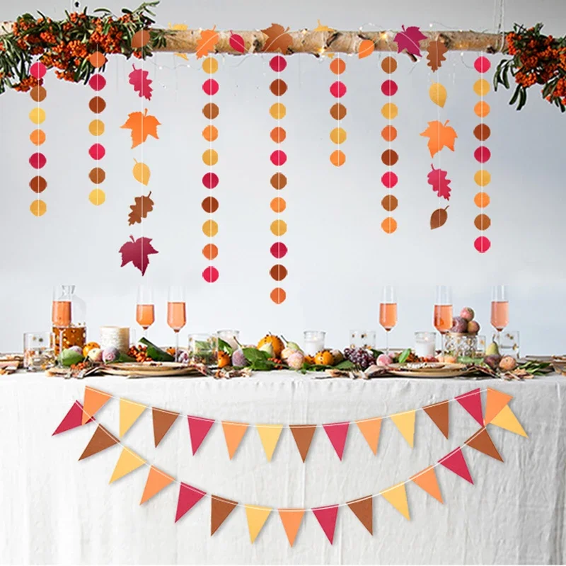 4m Autumn Leaves Maple Garland Thanksgiving Decorations Flag Banner Paper Circle String Garland Wall Fireplace Holiday Decor