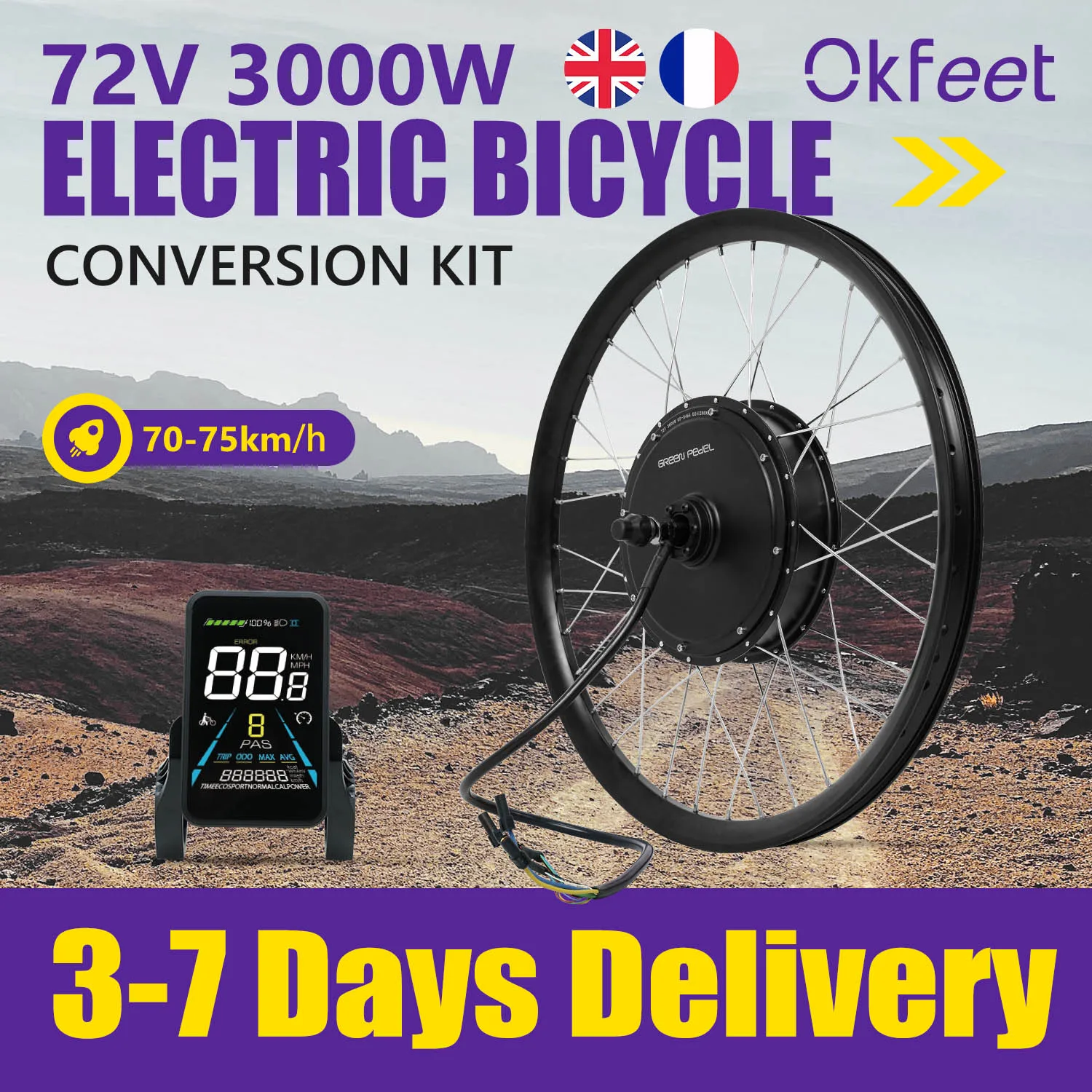 ESOULBIKE Hub Motor Ebike kit 72V 3000W ebike conversion Kit 26-29 Inch 700C 3.0Tire Electric Bicycle Bike Conversion Kit